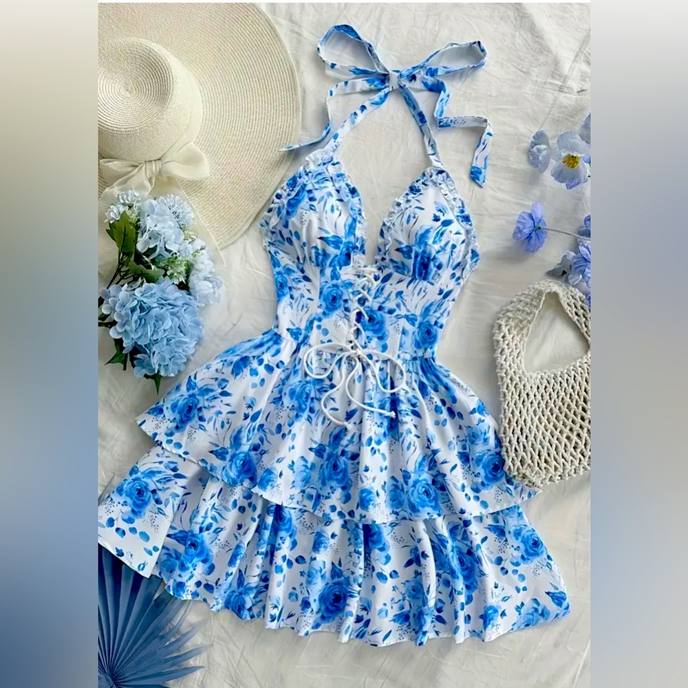 SHEIN Blue & White Floral Halter Dress – Tiered Ruffle – Size M